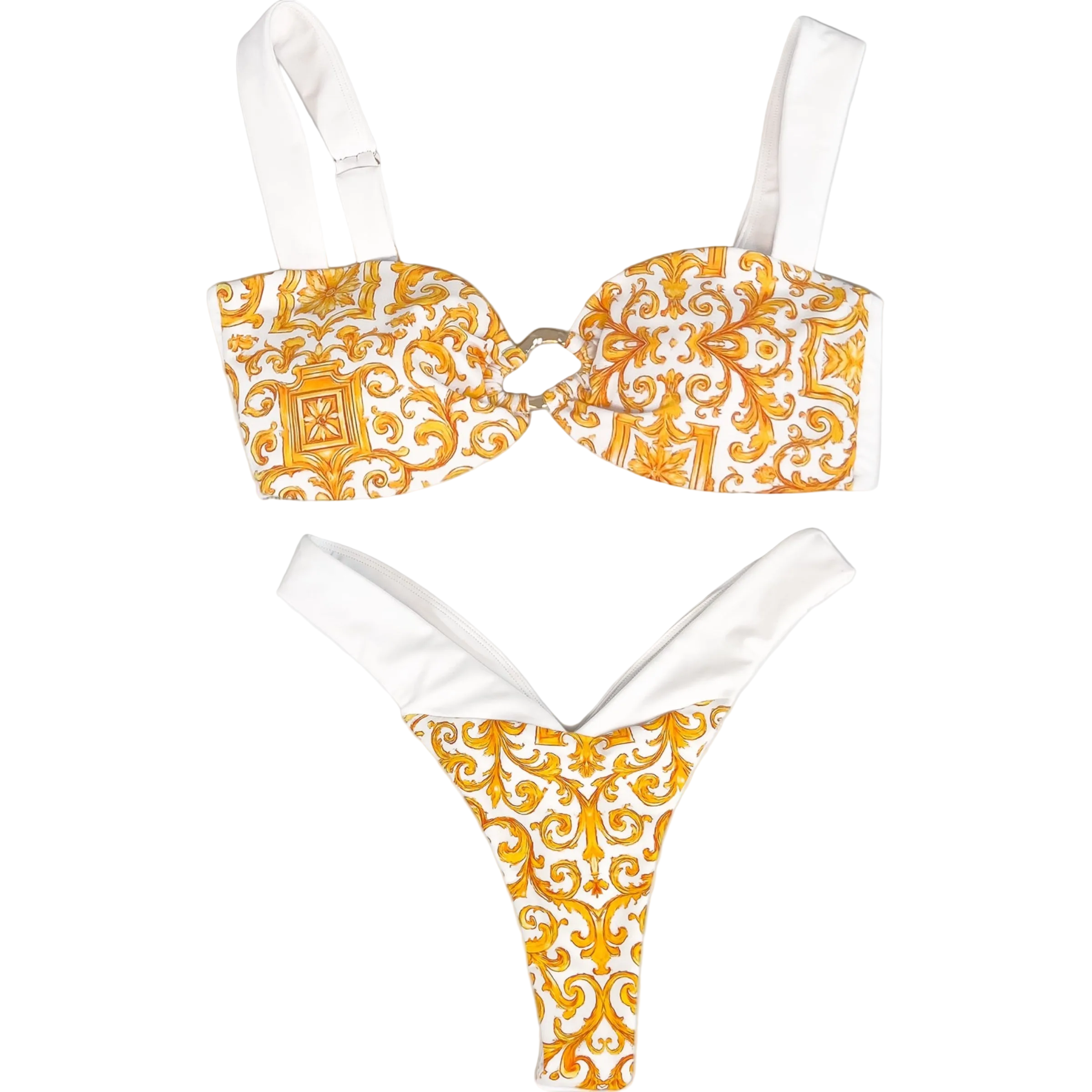 Bikini Capri Goddess Set blanco con estampado dorado, top estructurado con detalle central y braguita de corte alto — Leonika