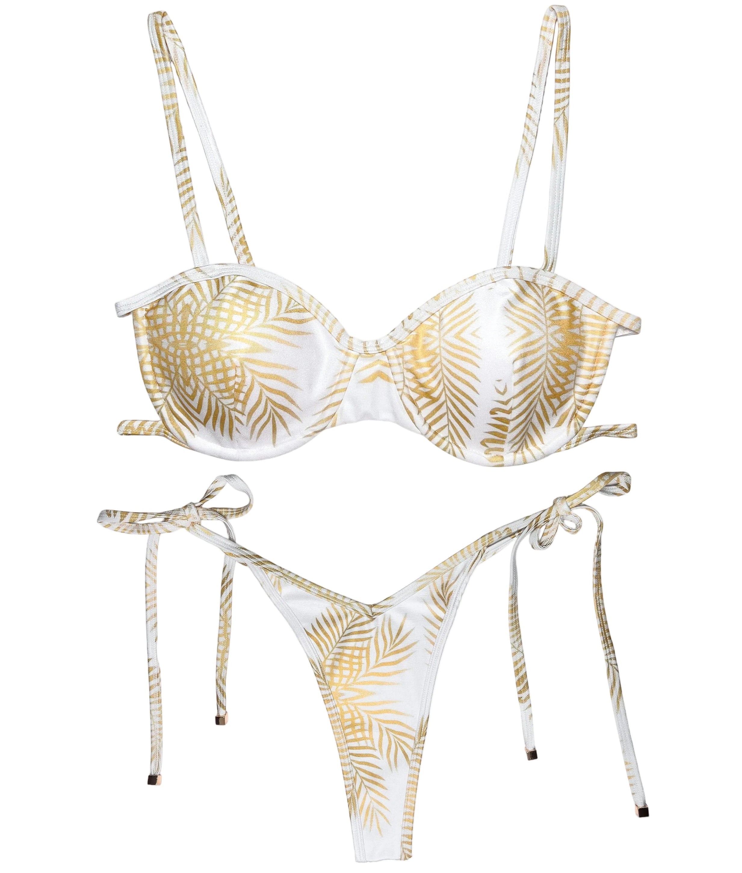 Bikini Cannes Lumière Set blanco con estampado dorado de hojas, top balconette y braguita de tiras con acabado tanga — Leonika