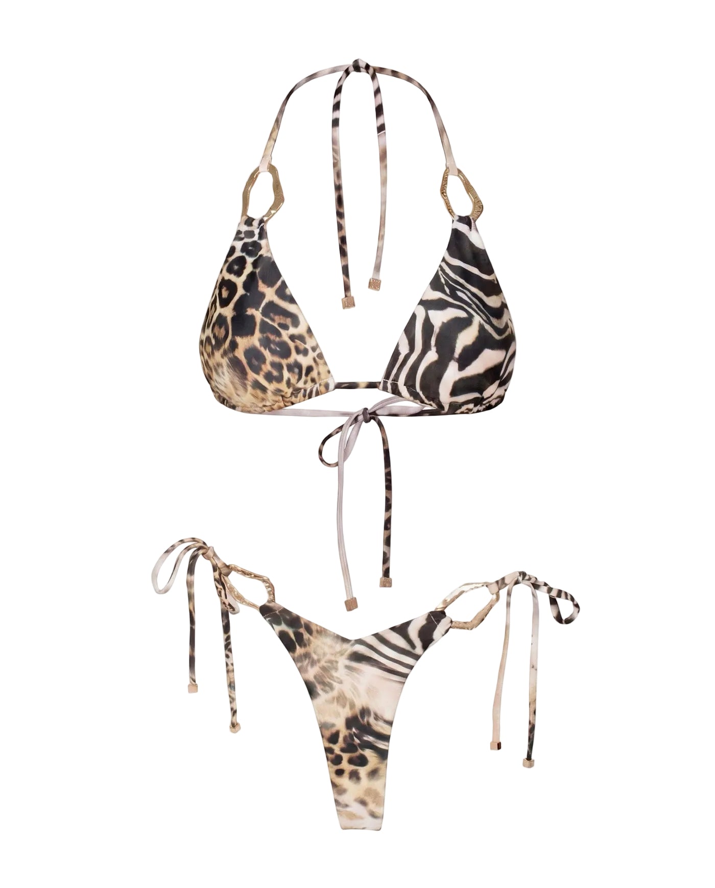 Conjunto de bikini Mónaco Savage de estampado leopardo y cebra con aros dorados, top triangular y braga de atado lateral, colección Riviera de Leonika Swimwear