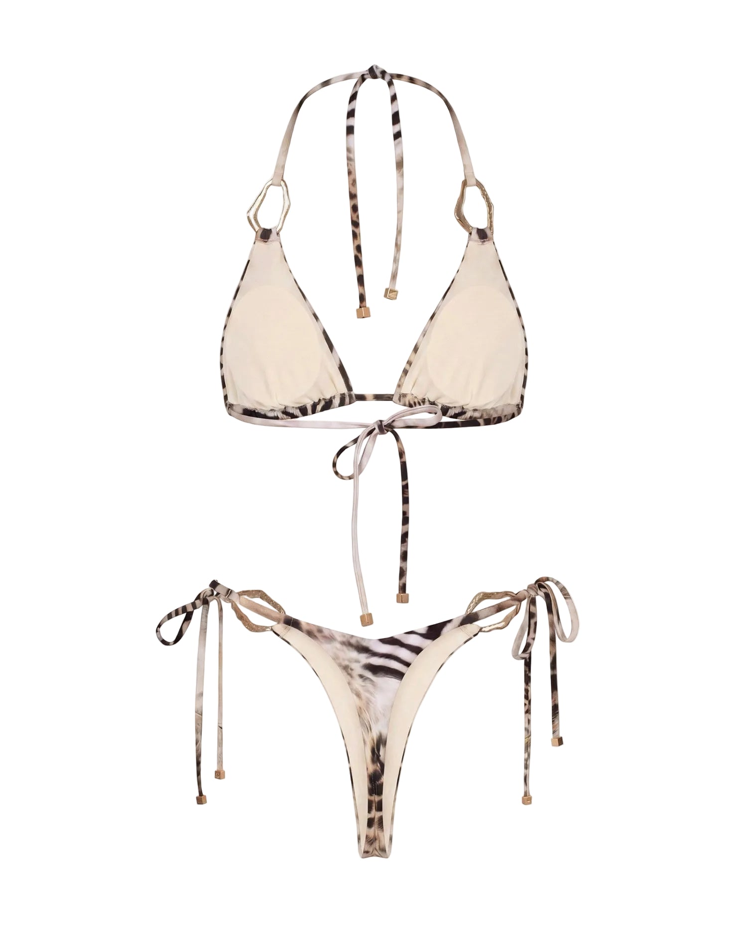 Conjunto de bikini Mónaco Savage de estampado leopardo y cebra visto por detrás, con forro interior del top y braga de atado lateral con terminales dorados, colección Riviera de Leonika Swimwear
